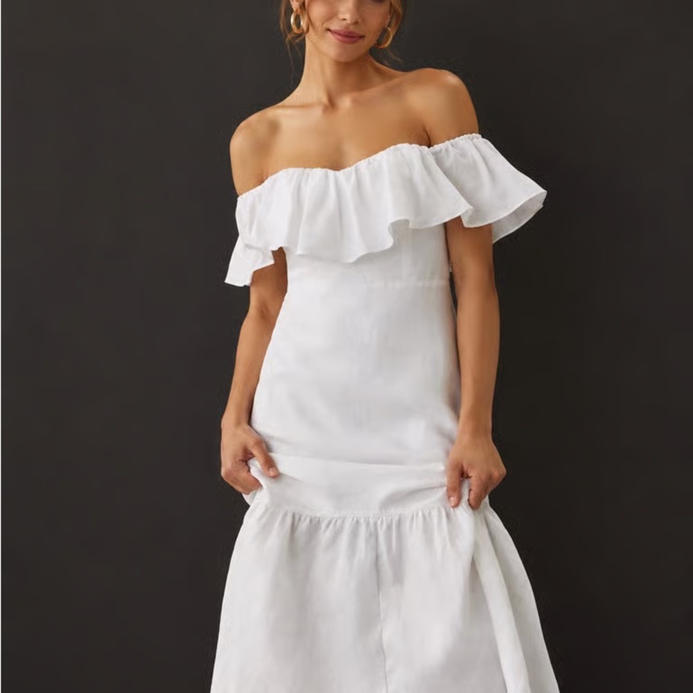 Reformation White Off-Shoulder Ruffle Maxi Dress